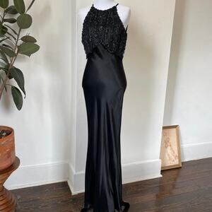 Vintage Cache Black Satin Sheer Glitter Open Back Formal Gown
